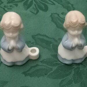 Vintage porcelain blue and white figurines, 2 girls mini candle holders